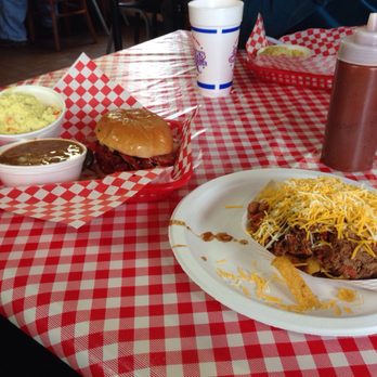 Tyler's Barbeque - Left. Sausage sandwich with potato salad and bean. Right. Fritos pile - Barbeque Near Me - Amarillo, Texas Tyler's Barbeque - Left. Sausage sandwich with potato salad and bean. Right. Fritos pile - Barbeque Near Me - Amarillo, Texas