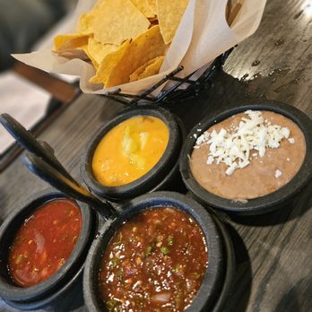 Garibaldis - Salsa flight with bean dip - Mexican Near Me - Garden City, Idaho Garibaldis - Salsa flight with bean dip - Mexican Near Me - Garden City, Idaho