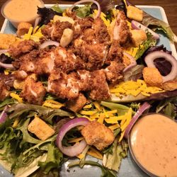 C&J Kountry Fixin's And CJ's Bar - Kountry Fixins Signature Salad minus tomatoes and cucumbers. Added crispy chicken.