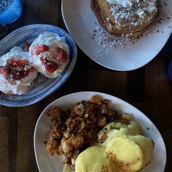 Out Of The Blue Coffee & Brunch - From top to bottom: - tiramisu French toast - strawberries and cream biscuits - pacific salmon Benedict