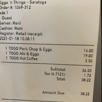 Eggs 'n Things - Total of our Billthat fed me, hubby and our 2 toddlers (2&3 yrs old) Good serving size I would say. - Breakfast & Brunch Near Me - Honolulu, Hawaii Eggs 'n Things - Total of our Billthat fed me, hubby and our 2 toddlers (2&3 yrs old) Good serving size I would say. - Breakfast & Brunch Near Me - Honolulu, Hawaii