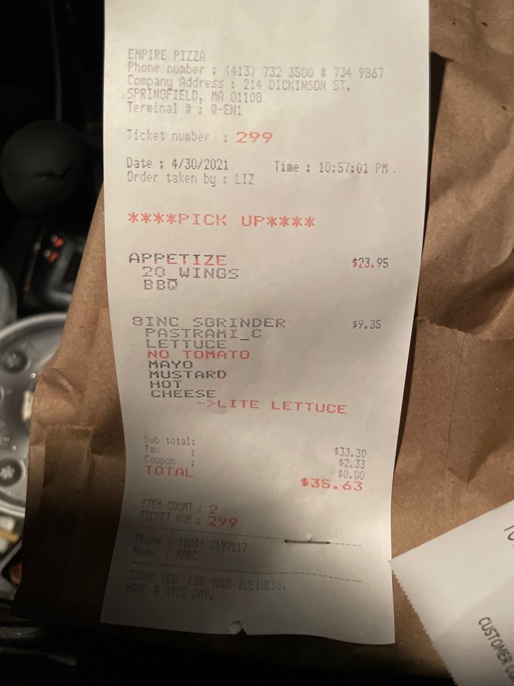 Food from Empire Pizza