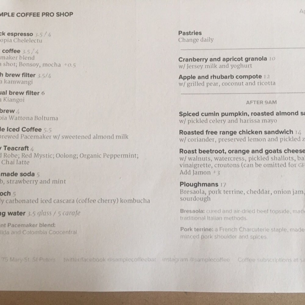 Sample Coffee Roasters - Menu - Cafes Near Me - St Peters, NSW