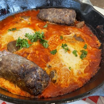 Cafe Landwer - Rutherford & Bathurst - shakshuka with beef kebabs - Cafes Near Me - Maple, Ontario