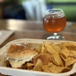 Eudora Brewing Company - Mushroom Swiss burger and homemade chips
