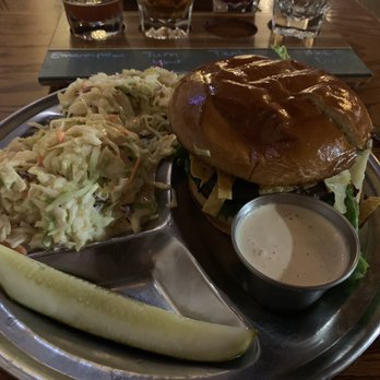 Prison Hill Brewing - Pablano burger with spicy coleslaw.  1/2 lb burger cooked perfectly. - New American Near Me - Yuma, Arizona