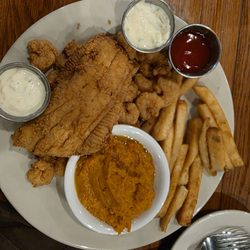 The Sherwood - Fried shrimp and flounder plate with Sweet potato casserole and fries