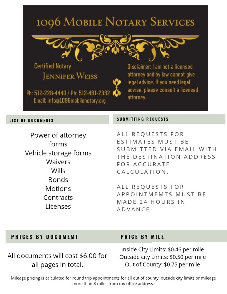 1096 MOBILE NOTARY SERVICES Updated May 2024 Austin, Texas