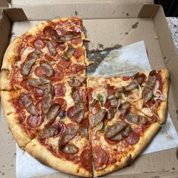 Danny's Pizza - Supreme no mushrooms extra pepperoni half and double pepperoni sausage other half extra crispy