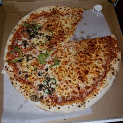 Checkmate Pizza - Large pizza half cheese half Hamburg,Peppers,Onions. Bad night? Nope, we got a skimpy looking Pizza 2 weeks ago too