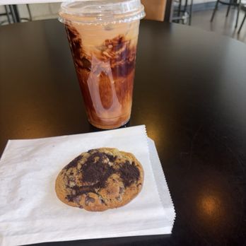 The Coffee Press - Chocolate chip cookie with espresso and a Banana Split Latte - Banana syrup with Caramel and Dark Chocolate Sauce - Coffee & Tea Near Me - Henderson, Nevada