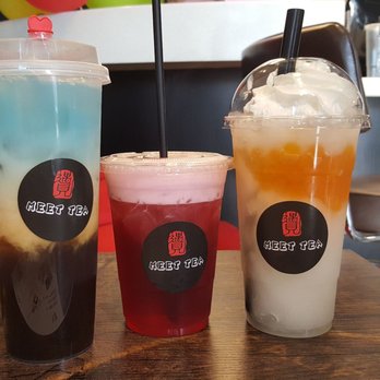 Meet Tea - (L)Star Wars: iced coffee w blue dye (C)Heaven's Mist: overly sweet, tasted like potpourri (R)White Wedding: lychee slush w popping boba - Bubble Tea Near Me - Temple City, California