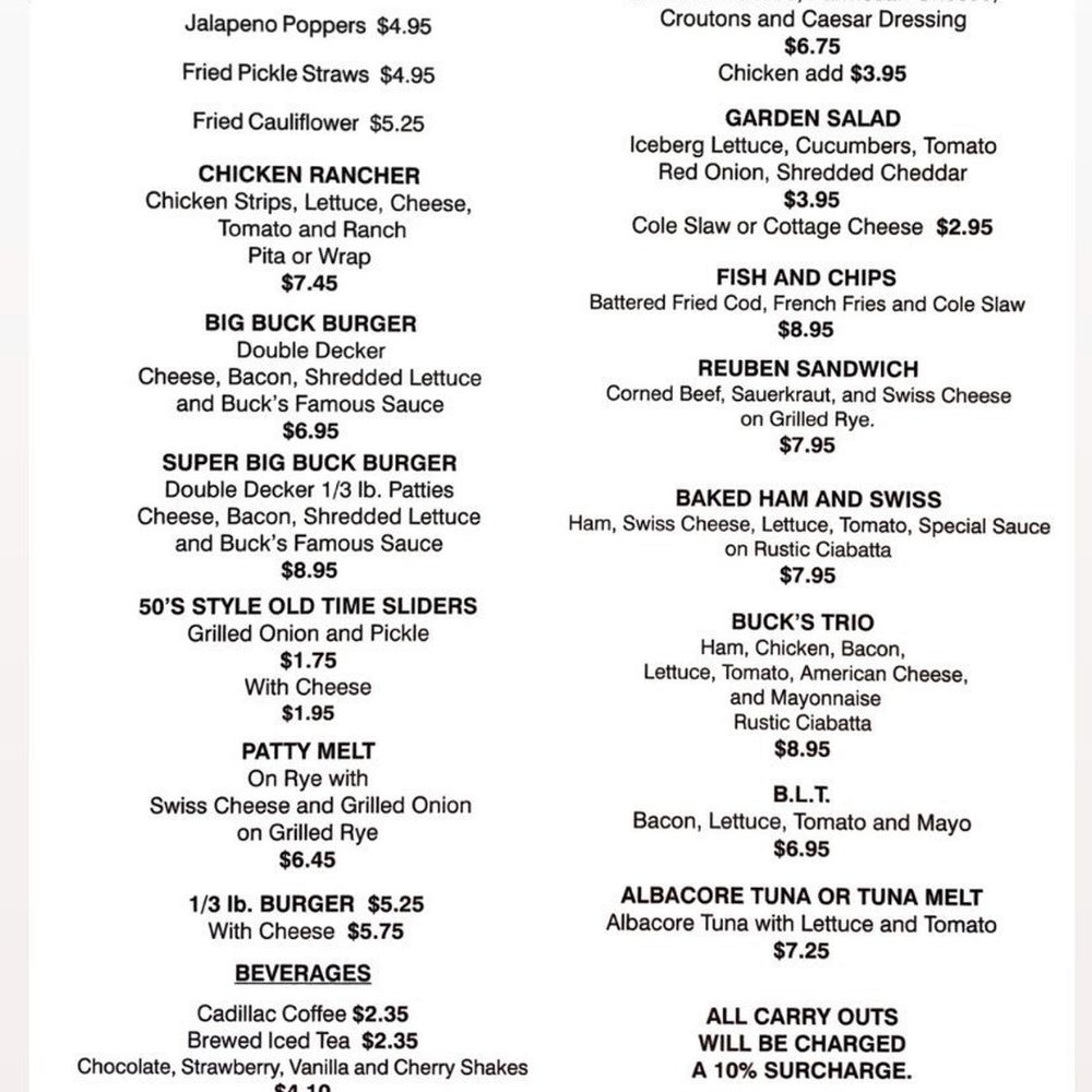 Bucks diner menu