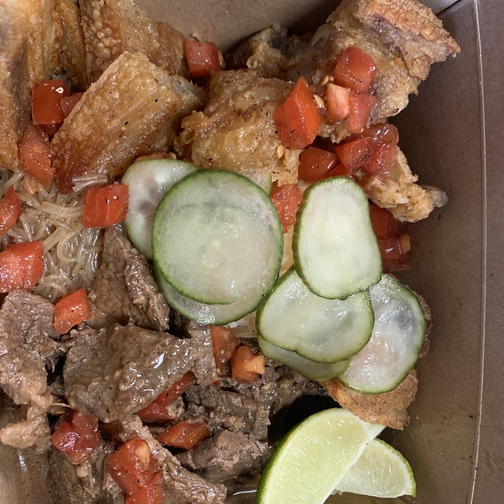 Maymar Filipino Restaurant - Lechon kawali and beef steak with rice and Pancit as base - Filipino Near Me - Chesapeake, Virginia