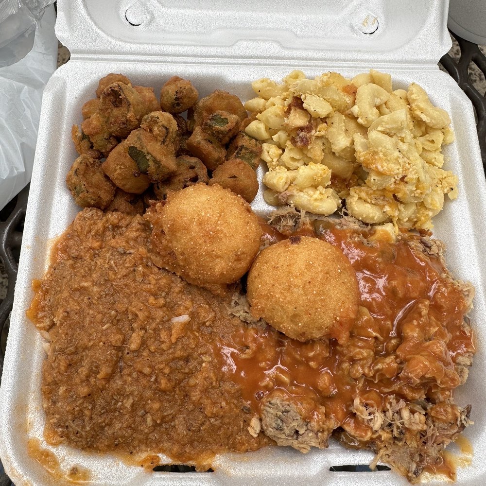 Small BBQ plate with Mac n' Cheese, Fried Okra, hush puppies, and BBQ mash