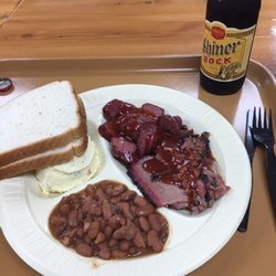 DJ's Bar-B-Que - Two meat plate: brisket, jalapeño sausage, baked beans, potato salad. Comes with two pieces of bread.