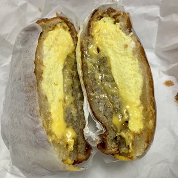 Donut Basket - Sausage egg cheese on croissant with equally yummy filling as the bagel but I think I prefer the bagel for a bit more fluffy bite - Donuts Near Me - Milpitas, California
