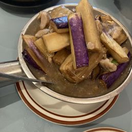 Eggplant with salted fish and chicken clay pot