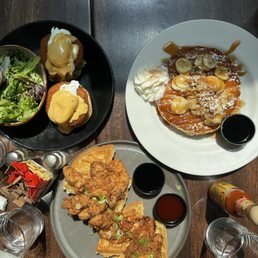 Fried Chicken & Waffles, Crab Cake Benedict and Banana Nut Pancakes Fried Chicken & Waffles, Crab Cake Benedict and Banana Nut Pancakes