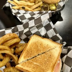 The Sandbar - Smash burger and fries and The Sando with onion rings