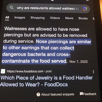 Chili's - Health concerns. I rather not have a waitress serve me food whom wears a nose piercing or a tongue piercing. It's a Federal Law. - Bars Near Me - Bullhead City, Arizona Chili's - Health concerns. I rather not have a waitress serve me food whom wears a nose piercing or a tongue piercing. It's a Federal Law. - Bars Near Me - Bullhead City, Arizona
