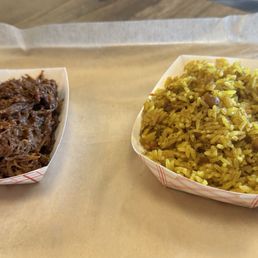 Pulled BBQ brisket and yellow rice Pulled BBQ brisket and yellow rice