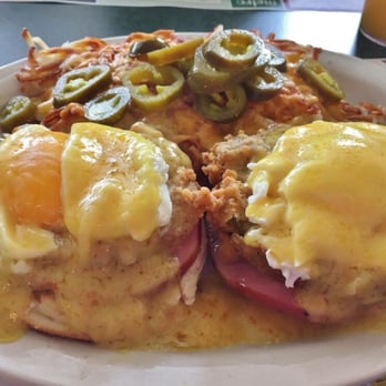 Metro Diner - One of the specials that day: fried green tomato eggs Benedict.  Side of hash browns and had cheese and jalapeños added - Diners Near Me - Indianapolis, Indiana