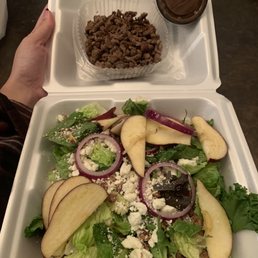 Mixed green feta salad, add "steak," $15.50!!!