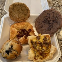 Mel's Gourmet Delights & Pastries - Blueberry muffin, sausage/egg pastry, pecan pie danish, chewy maple cookie and chocolate cookie. All good!