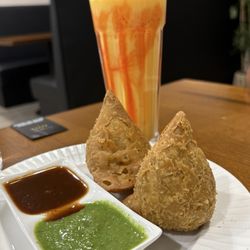 16. Mango Lassi and 3. Vegetable Samosa (2 Pieces)