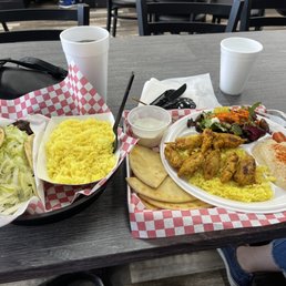 Greek Gyro, no tomato and no onion with yellow rice. Chicken Kabob with yellow rice, hummus, greek salad, tzatziki, pita! Greek Gyro, no tomato and no onion with yellow rice. Chicken Kabob with yellow rice, hummus, greek salad, tzatziki, pita!