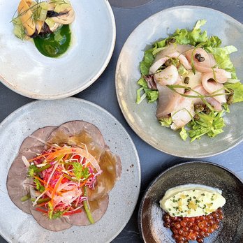 Bon Mot - Kanpachi w/ deonjang marinade, Fluffy Sweet Potato w/ ikura, Cold Beef Slices w/ pear, soy vinaigrette, Nage Pickled Mussels w/ apples - Korean Near Me - Cupertino, California