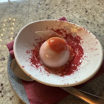 VINIA Wine & Kitchen - Bavarois Aux Franboise Et Rhubarbe rhubarb Bavarian cream, raspberry dust, rosé coulis, rum salted caramel tuile - Wine Bars Near Me - Winter Park, Florida VINIA Wine & Kitchen - Bavarois Aux Franboise Et Rhubarbe rhubarb Bavarian cream, raspberry dust, rosé coulis, rum salted caramel tuile - Wine Bars Near Me - Winter Park, Florida