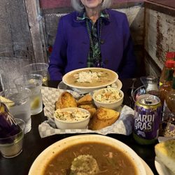 Baby Kay's Cajun Kitchen - Chicken and Andouille Gumbo, Green Olive Cole Slaw, Garlic Bread and Shrimp Etouffee.