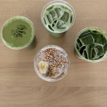 Ayer Coffee - left to right  Matcha 2, Matcha 1, Banana Hojicha, Guava Matcha - Coffee & Tea Near Me - Tustin, California