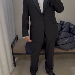 The length of tuxedo or suit should fall at the palm of hand. Prior to this it was at my fingertips.