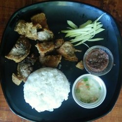 Pedro's - Crispy Bagnets with rice and a side of green mangoes