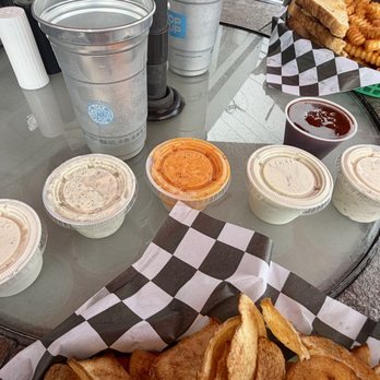Black Circle Bistro - The six dips offered. Highly recommended the Dilly dip, the Appalachian Goddess dip, and Jana's roasted garlic and onion dip. - Arcades Near Me - Beckley, West Virginia