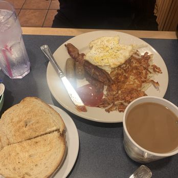 Izzy's Cafe - 2 egg breakfast with sausage bacon sourdough and a coffe - Barbeque Near Me - El Cajon, California