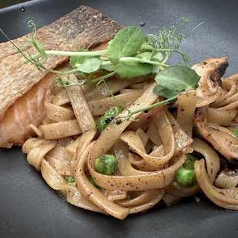 Ramsay's Kitchen - Spring pea tagliatelle with added salmon - New American Near Me - Naperville, Illinois