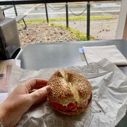 Rhinebeck Bagels & Cafe - Toasted sesame with plain cream cheese, fresh local tomato and red onion --delicious