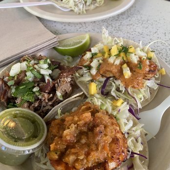 TacoBar - Tacos ! Front plate ; *Veracruz Fish Taco in front , carnitas back left , grilled shrimp .  Back plate : *Baja Shrimp Taco - Mexican Near Me - San Francisco, California