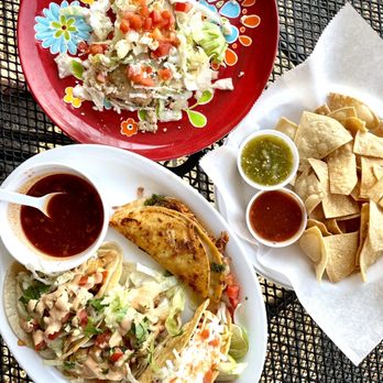 Mercado del Sol - Tacos: Shrimp, fish, Birria and Al Pastor. Chicken tamale with lettuce, tomato and sour cream. Chips and salsa. - Mexican Near Me - Concord, California
