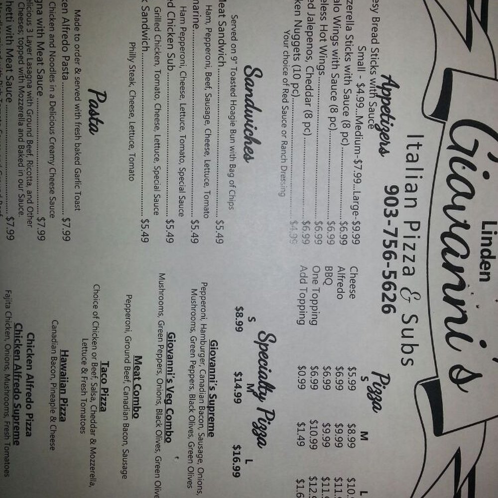 Giovanni's Pizza & Subs - Menu - Pizza Near Me - Linden, Texas Giovanni's Pizza & Subs - Menu - Pizza Near Me - Linden, Texas