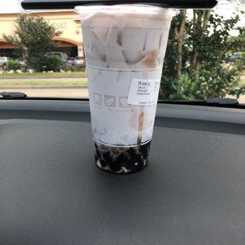 7 Leaves Cafe - Taro Milk Tea (iced) with crystal boba, honey boba, custard pudding - Coffee & Tea Near Me - Houston, Texas