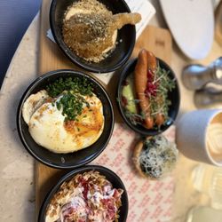 Mad & Kaffe - Quiche, sausage, oyster mushroom, yogurt bowl, fried eggs