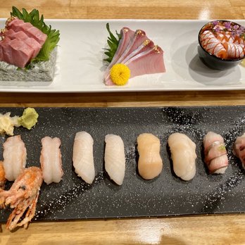 Tom Sushi - Top: Bluefin Otoro, yellow tail, salmon toro.  Bottom: sweet shrimp, red snapper, scallop,striped jack. - Sushi Bars Near Me - Vancouver, British Columbia