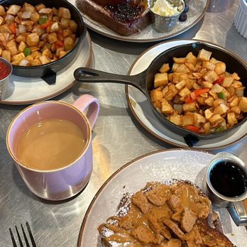 Ruby Red's BBQ - Biscoff butter French toast and Berry French toast with skillet potatoes - Barbeque Near Me - La Habra, California