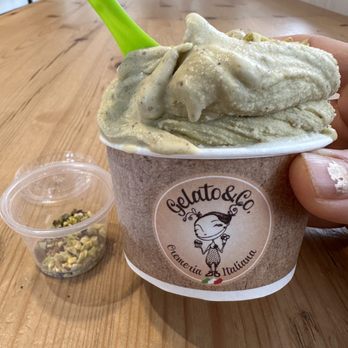 Gelato & Co - A scoop of pistachio and a scoop of vanilla gelato. The pistachio is 100% pistachio from Bronte Italy and the vanilla is from Madagascar - Gelato Near Me - Katy, Texas Gelato & Co - A scoop of pistachio and a scoop of vanilla gelato. The pistachio is 100% pistachio from Bronte Italy and the vanilla is from Madagascar - Gelato Near Me - Katy, Texas