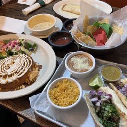 Enchiladas, steak tacos, bean and cheese burrito Enchiladas, steak tacos, bean and cheese burrito